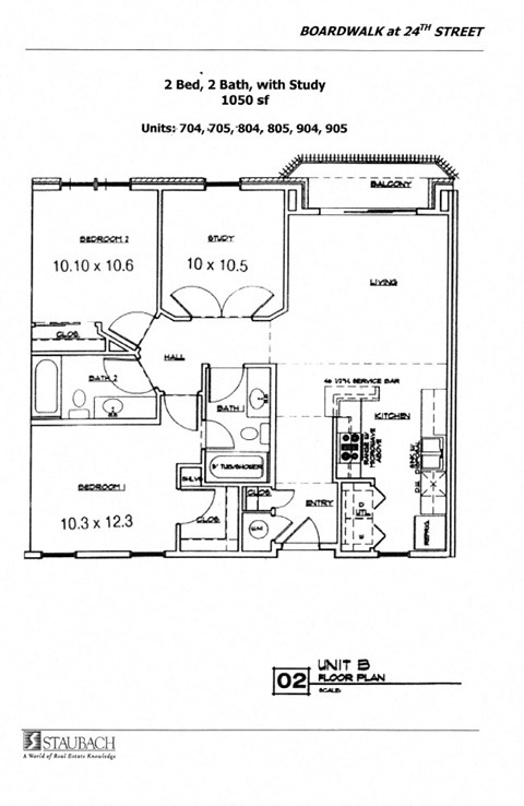 Floor plan for 2 beds, 2 baths, 1050 sqft
